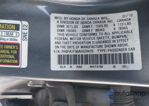 2010 Honda Civic Lx from USA, damaged, VIN 2HGFA1F56AH329476